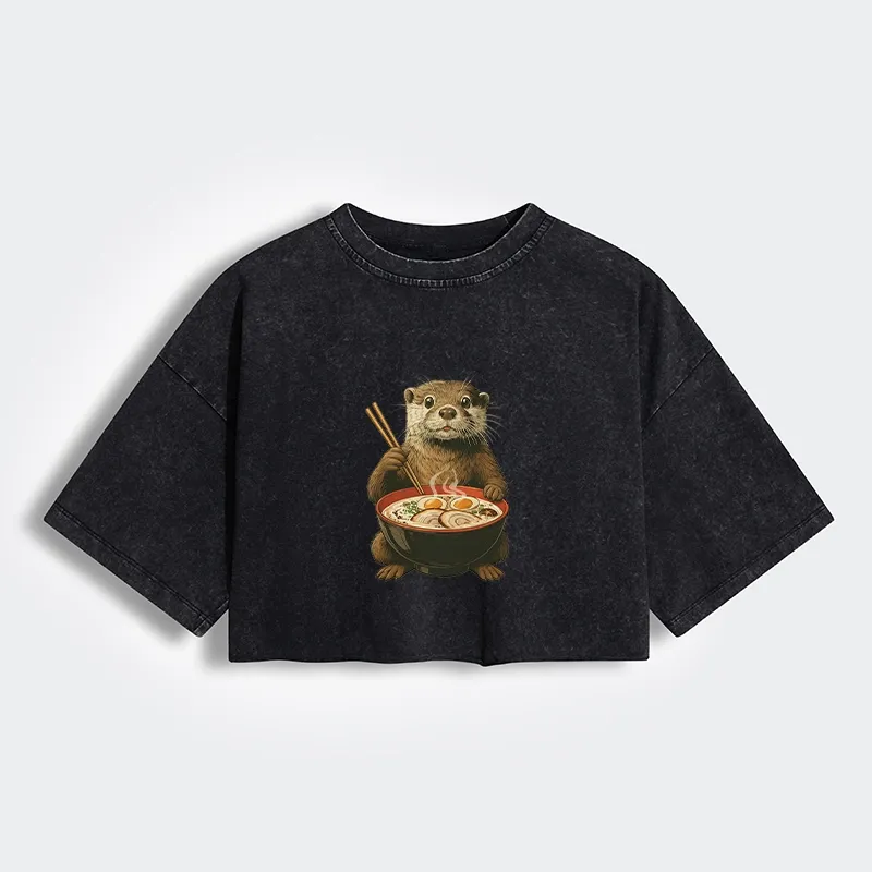 Tokyo-Tiger Japanese Otter Eating Ramen Women's Washed Crop T-Shirt