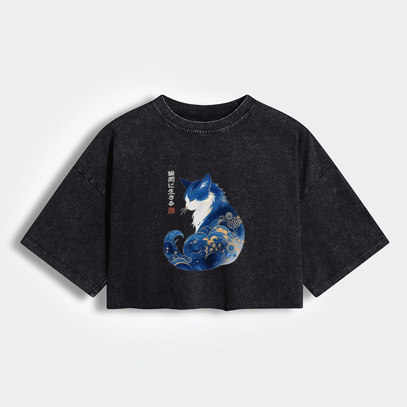 Tokyo-Tiger Retro Zen Cat: Living the Present Women's Washed Crop T-Shirt