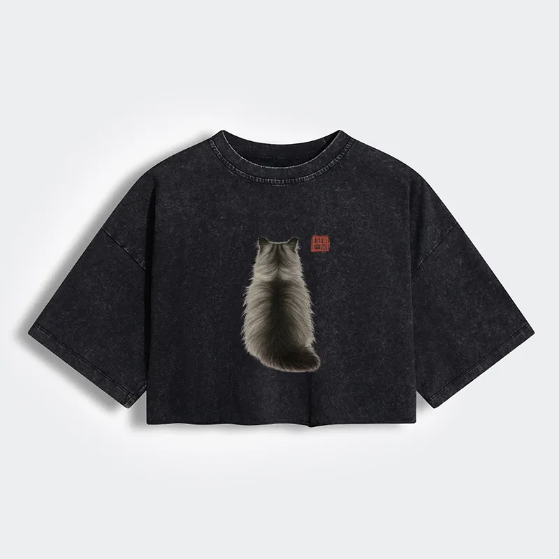Tokyo-Tiger Cat's Back Ink Painting Washed Crop T-Shirt