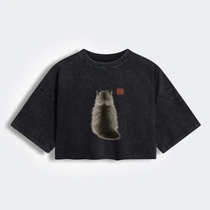 Tokyo-Tiger Cat's Back Ink Painting Washed Crop T-Shirt
