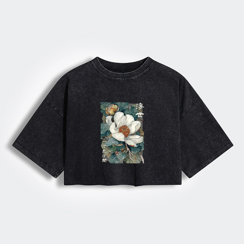 Tokyo-Tiger Ukiyoe Magnolia Flower Poster Women's Washed Crop T-Shirt