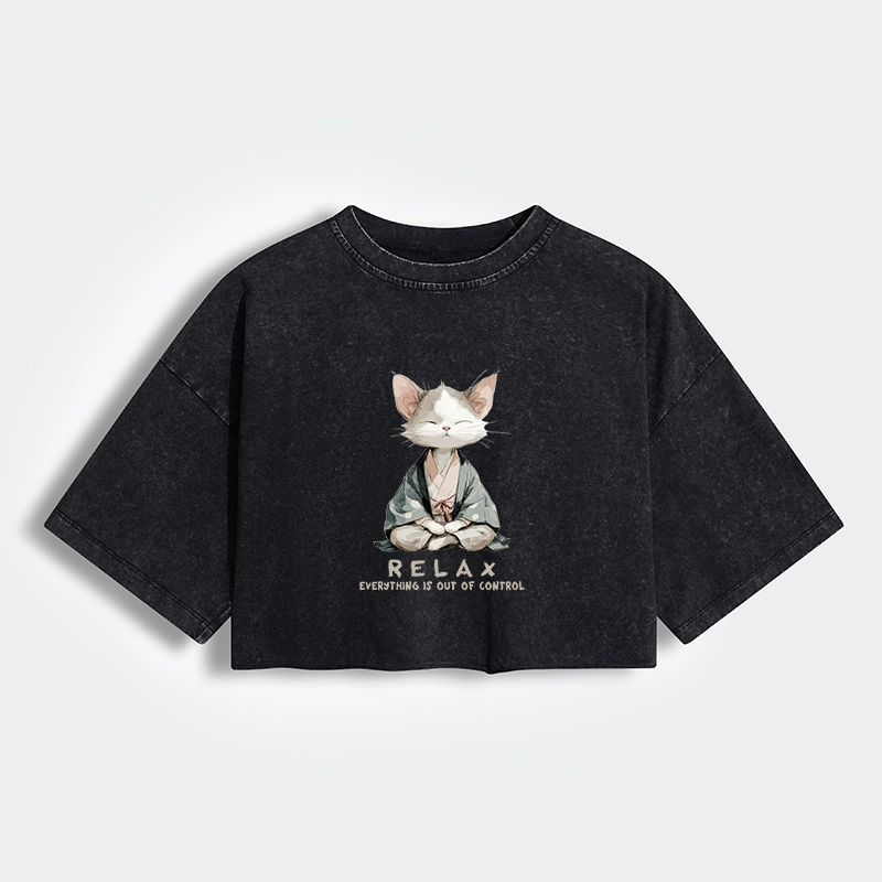 Tokyo-Tiger Zen Cat Relaxation，Everything's Out Of Control Women's Washed Crop T-Shirt