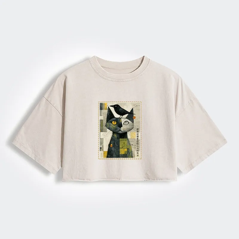 Tokyo-Tiger The Cat And The Crow Are Planning To Rule The World Women's Washed Crop T-Shirt