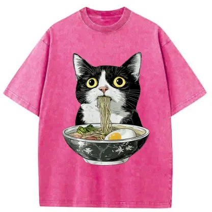 Tokyo-Tiger Cute Cat Eating Japan Ramen Washed T-Shirt