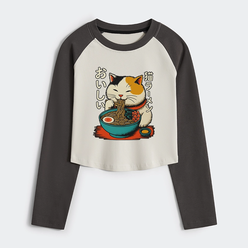 Tokyo-Tiger Cute Eat Eating Japanese Ramen Women's Crop Raglan T-Shirt