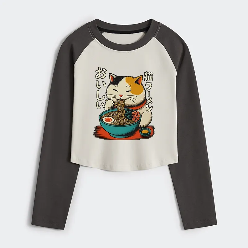 Tokyo-Tiger Cute Eat Eating Japanese Ramen Women's Crop Raglan T-Shirt