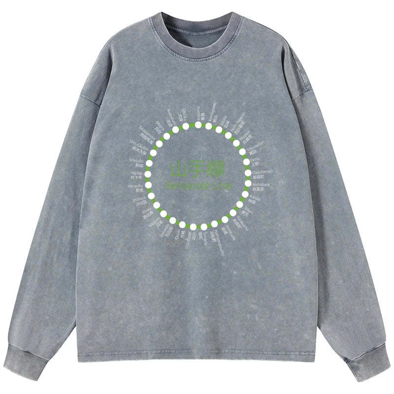 Tokyo-Tiger Yamanote Line Stations Circle Washed Long Sleeve T-Shirt