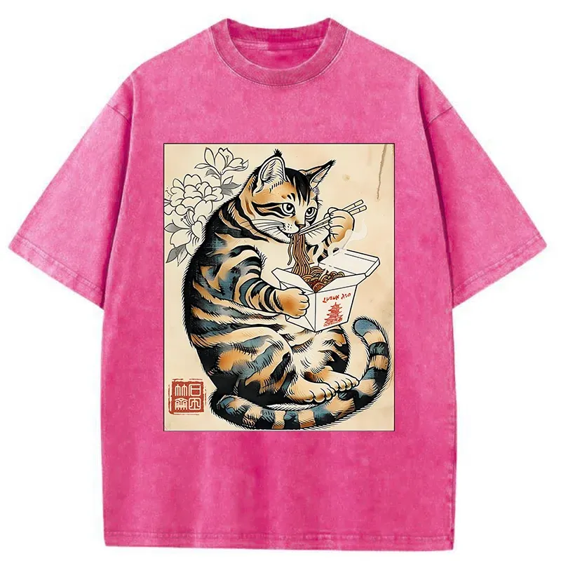 Tokyo-Tiger Cat Eating Takeout Washed T-Shirt