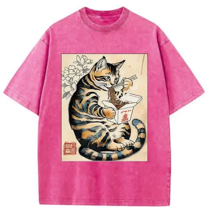 Tokyo-Tiger Cat Eating Takeout Washed T-Shirt