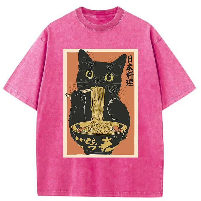 Tokyo-Tiger Black Cat Eats Japan Ramen Washed T-Shirt