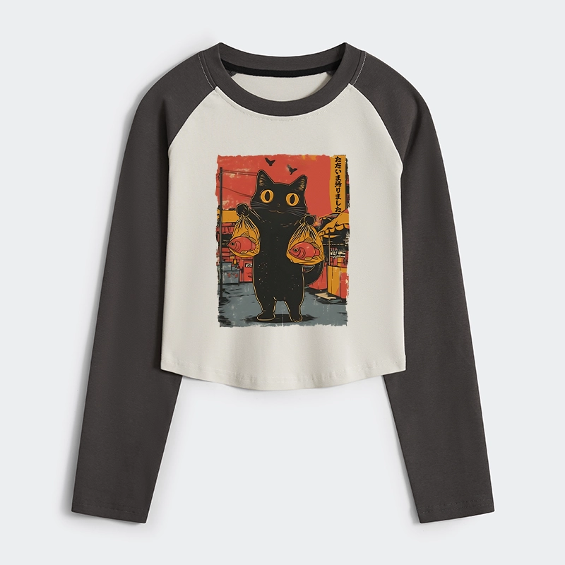 Tokyo-Tiger Cat Fishing Japanese Women's Crop Raglan T-Shirt