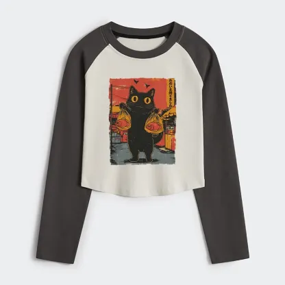 Tokyo-Tiger Cat Fishing Japanese Women's Crop Raglan T-Shirt