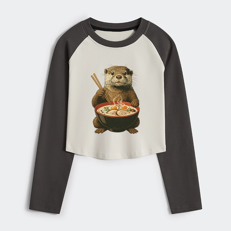 Tokyo-Tiger Japanese Otter Eating Ramen Women's Crop Raglan T-Shirt