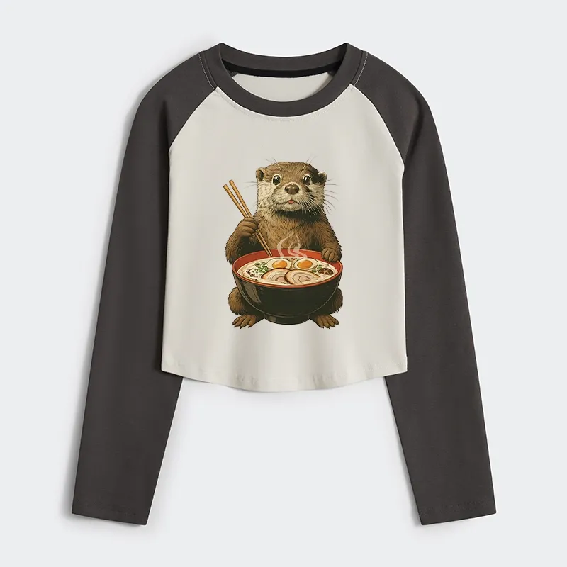 Tokyo-Tiger Japanese Otter Eating Ramen Women's Crop Raglan T-Shirt