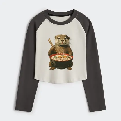 Tokyo-Tiger Japanese Otter Eating Ramen Women's Crop Raglan T-Shirt