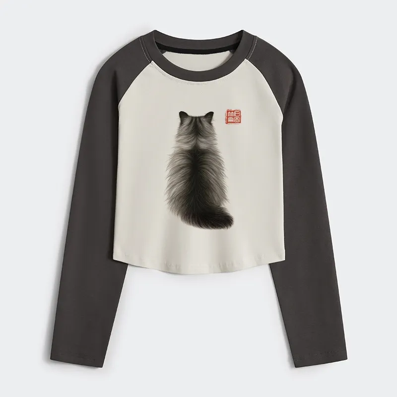 Tokyo-Tiger Cat's Back Ink Painting Women's Crop Raglan T-Shirt