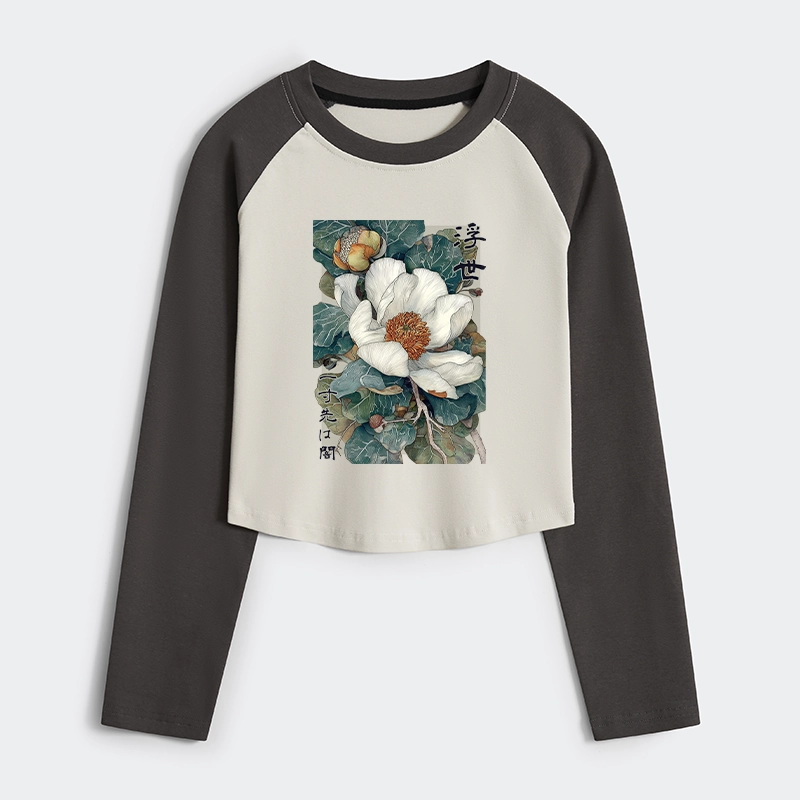 Tokyo-Tiger Ukiyoe Magnolia Flower Poster Women's Crop Raglan T-Shirt