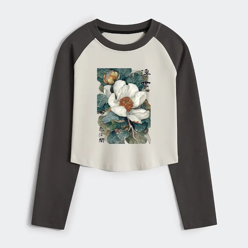 Tokyo-Tiger Ukiyoe Magnolia Flower Poster Women's Crop Raglan T-Shirt