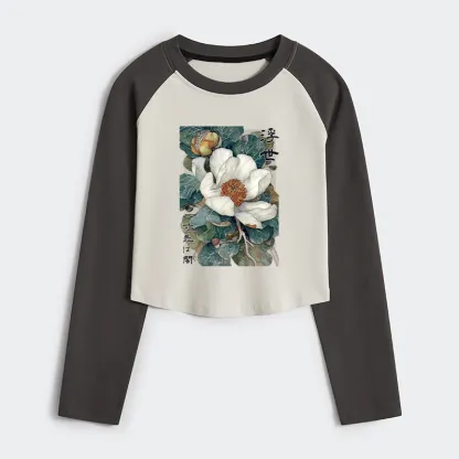 Tokyo-Tiger Ukiyoe Magnolia Flower Poster Women's Crop Raglan T-Shirt