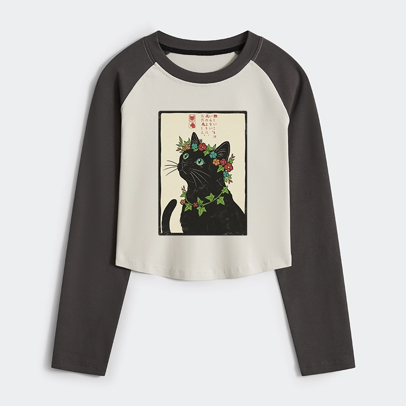 Tokyo-Tiger The Flower-Crowned Cat Women's Crop Raglan T-Shirt