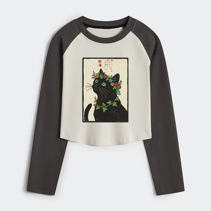 Tokyo-Tiger The Flower-Crowned Cat Women's Crop Raglan T-Shirt