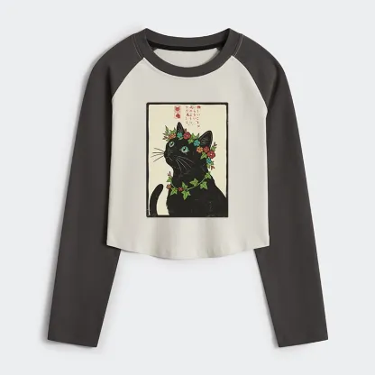 Tokyo-Tiger The Flower-Crowned Cat Women's Crop Raglan T-Shirt