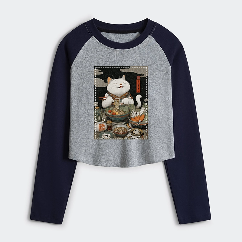 Tokyo-Tiger The Ramen-Loving Cat Women's Crop Raglan T-Shirt