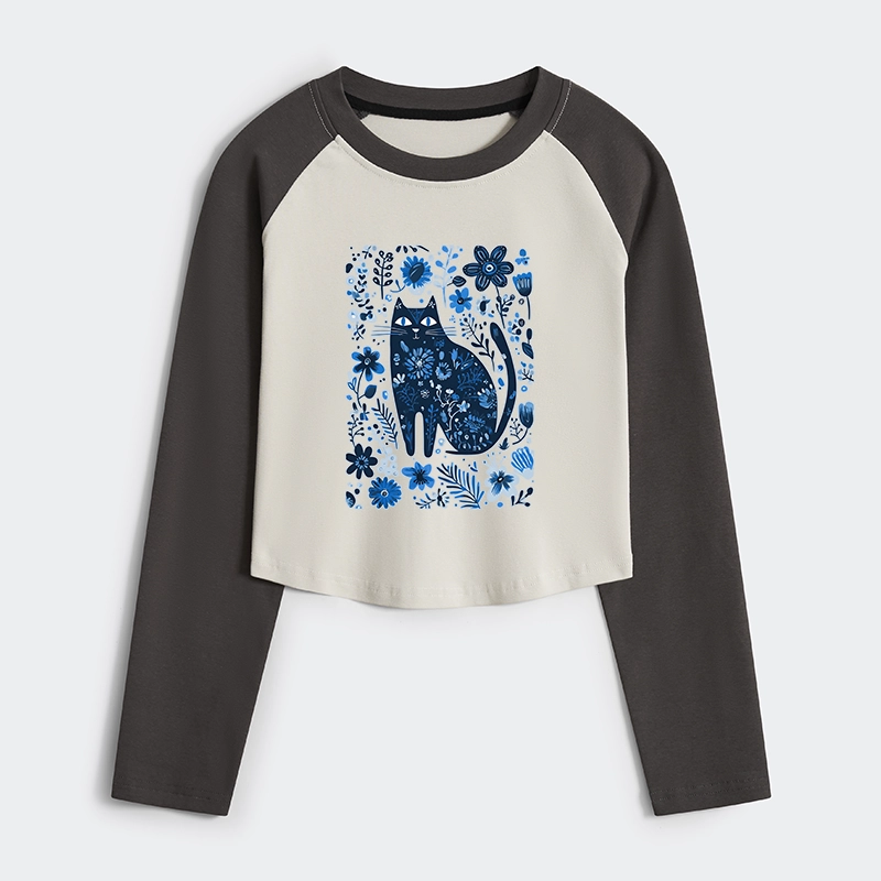 Tokyo-Tiger A Cat Among Flowers Women's Crop Raglan T-Shirt