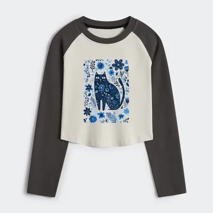 Tokyo-Tiger A Cat Among Flowers Women's Crop Raglan T-Shirt