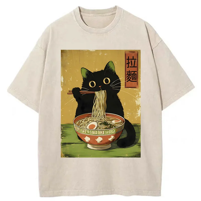 Tokyo-Tiger Vintage Japanese Cat Eating Ramen Washed T-Shirt