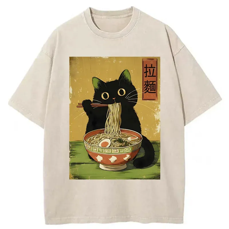 Tokyo-Tiger Vintage Japanese Cat Eating Ramen Washed T-Shirt