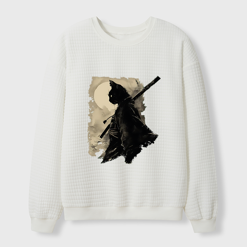 Tokyo-Tiger Under The Moon Cat Samurai Waffle Sweatshirt