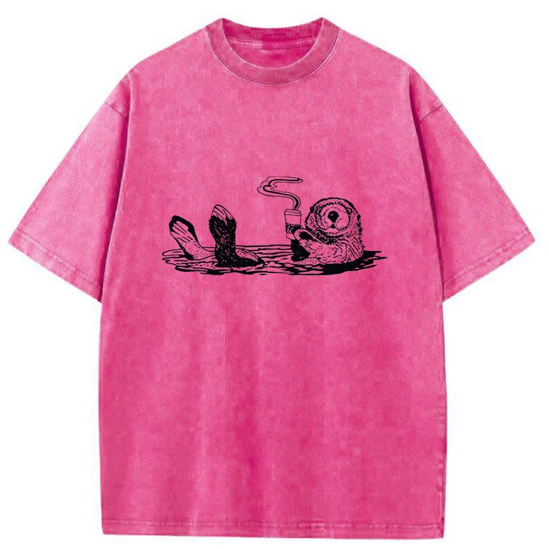 Tokyo-Tiger Otter Drinking Coffee Washed T-Shirt