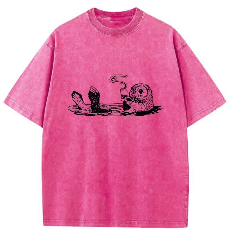 Tokyo-Tiger Otter Drinking Coffee Washed T-Shirt