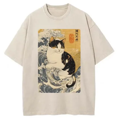 Tokyo-Tiger Surfing Cat Washed T-Shirt