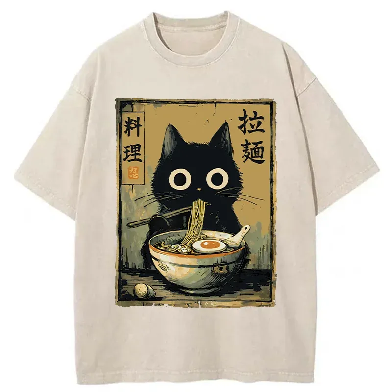 Tokyo-Tiger Cute Black Cat Eating Ramen Washed T-Shirt