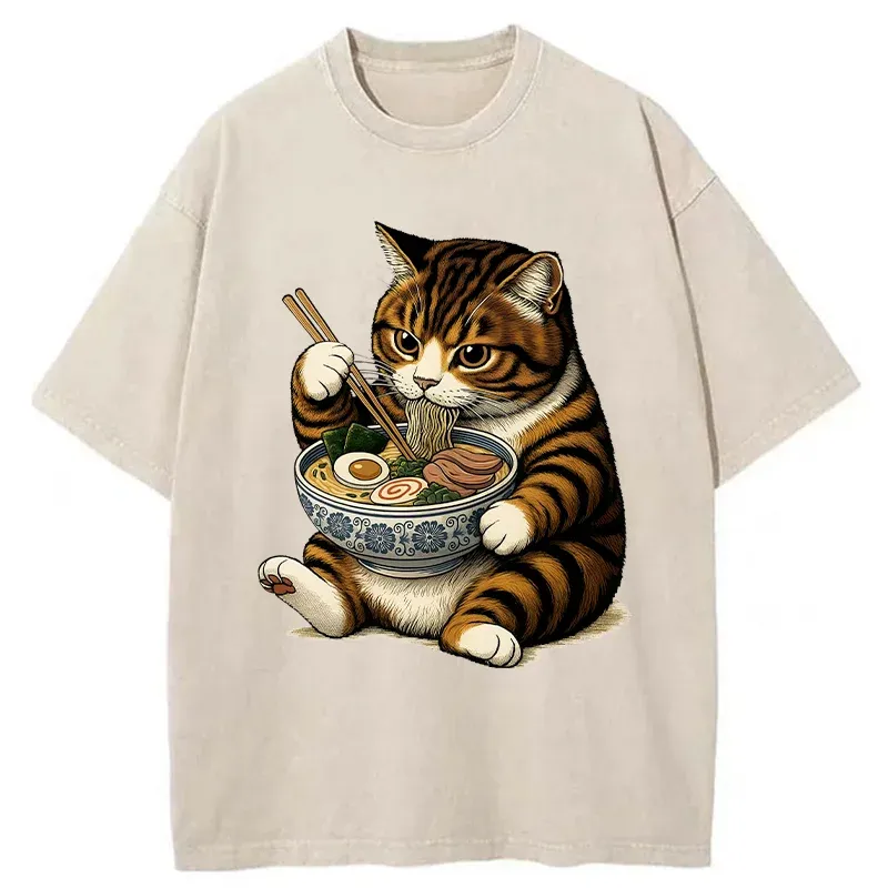 Tokyo-Tiger Tabby Cat Eats Ramen Washed T-Shirt