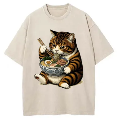 Tokyo-Tiger Tabby Cat Eats Ramen Washed T-Shirt