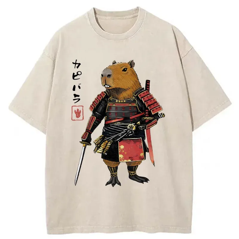 Tokyo-Tiger Capybara Samurai Wearing Armor Washed T-Shirt Sale
