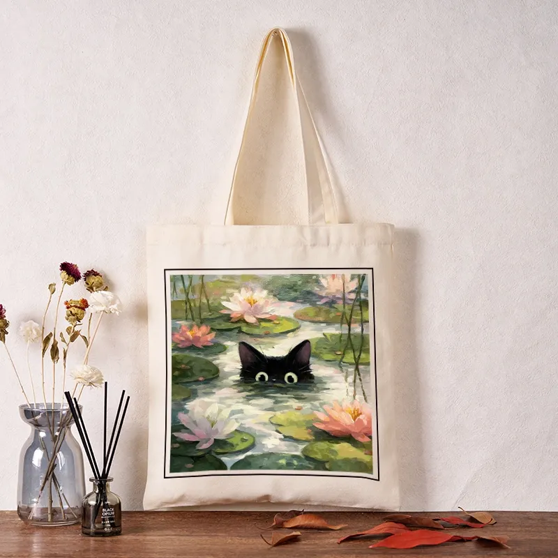 Tokyo-Tiger Black Cat and Lotus Flower Tote Bag