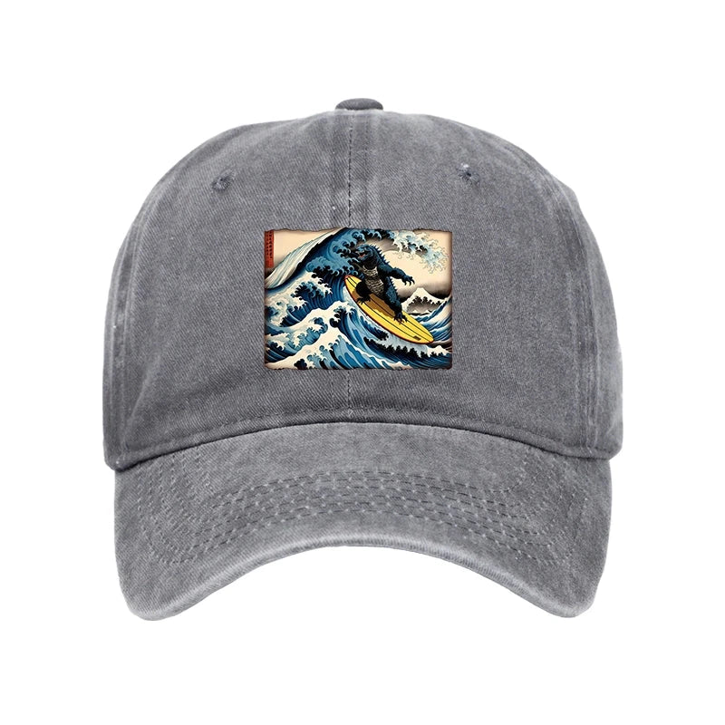 Tokyo-Tiger Dinosaur Surfing Japanese Washed Cap