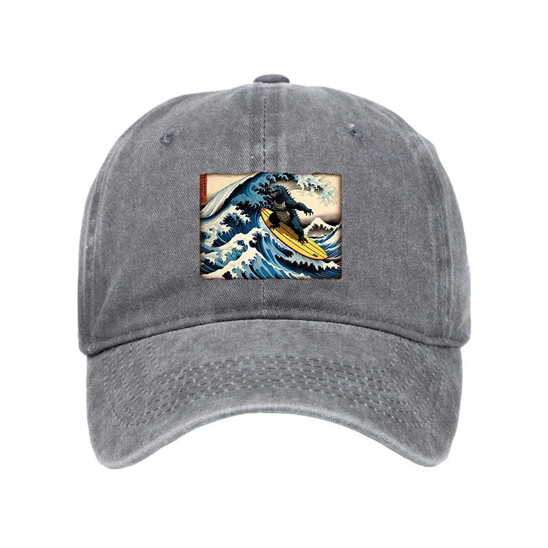 Tokyo-Tiger Dinosaur Surfing Japanese Washed Cap