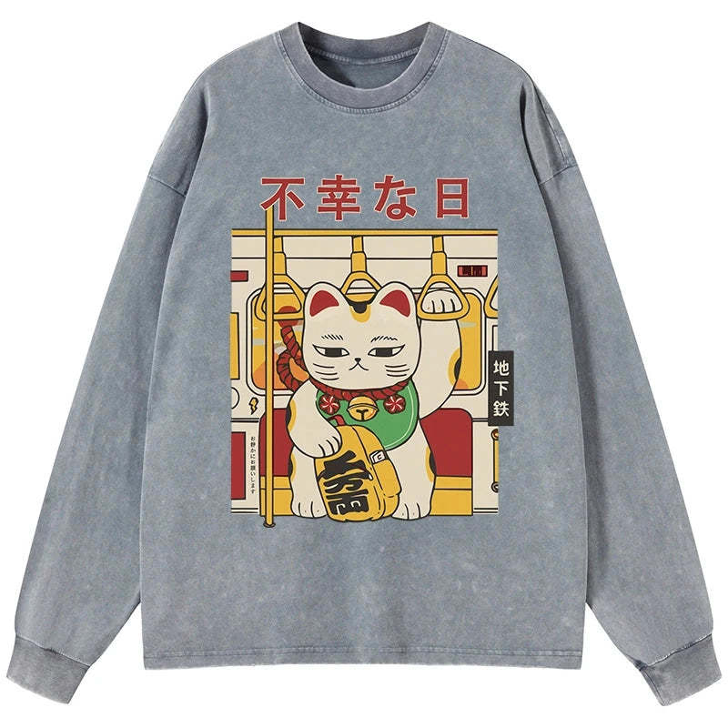Tokyo-Tiger Lucky Cat Who Doesn't Want To Work Washed Long Sleeve T-Shirt