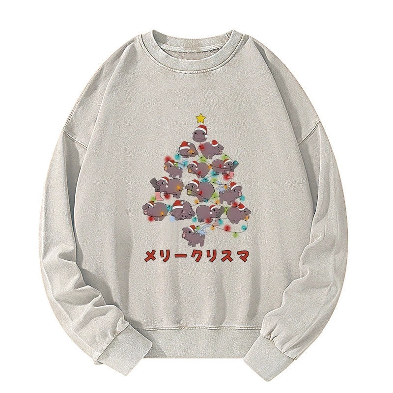 Tokyo-Tiger Moo Deng Christmas Tree Japanese Washed Sweatshirt