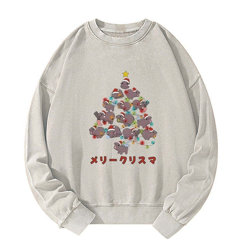 Tokyo-Tiger Moo Deng Christmas Tree Japanese Washed Sweatshirt Sale