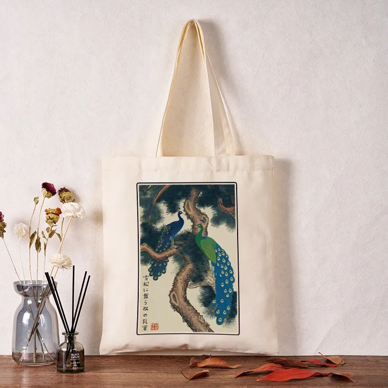 Tokyo-Tiger Peacocks in Snowy Pines Tote Bag