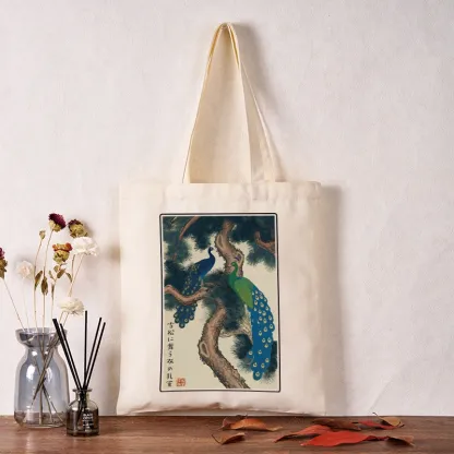 Tokyo-Tiger Peacocks in Snowy Pines Tote Bag