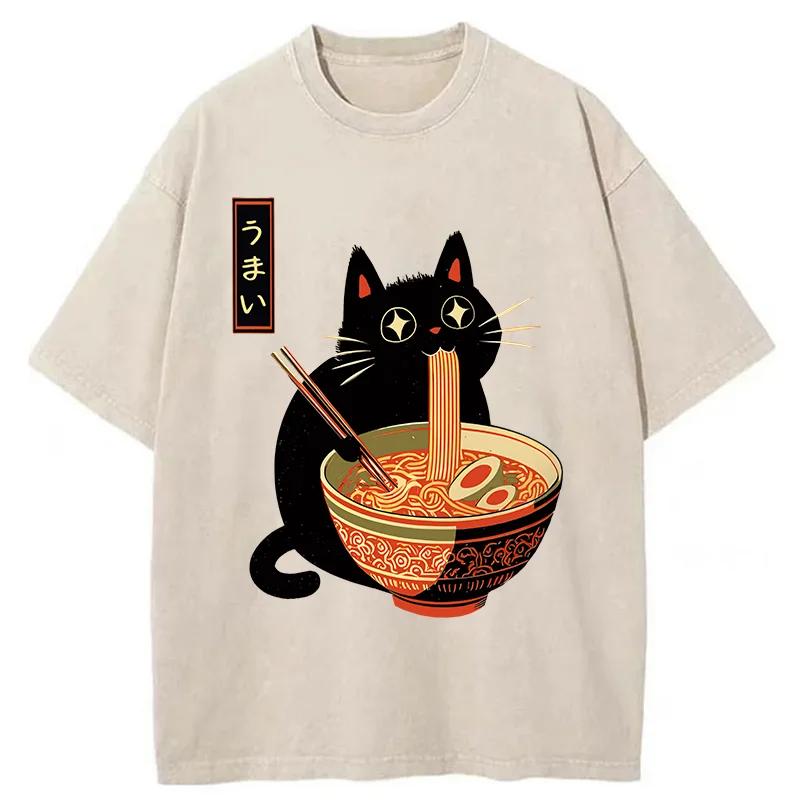 Tokyo-Tiger Cat Eats Super Delicious Ramen Washed T-Shirt