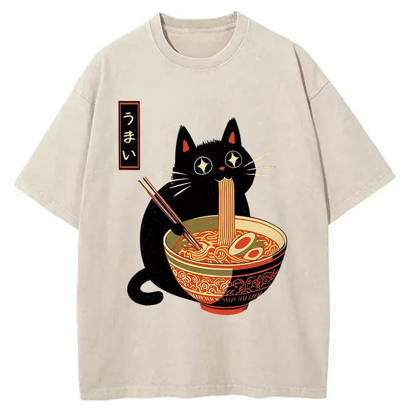 Tokyo-Tiger Cat Eats Super Delicious Ramen Washed T-Shirt