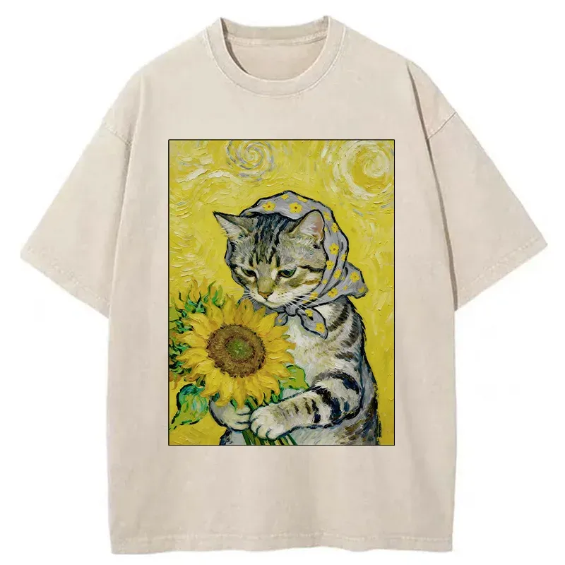 Tokyo-Tiger Cat Is Picking Sunflowers Washed T-Shirt